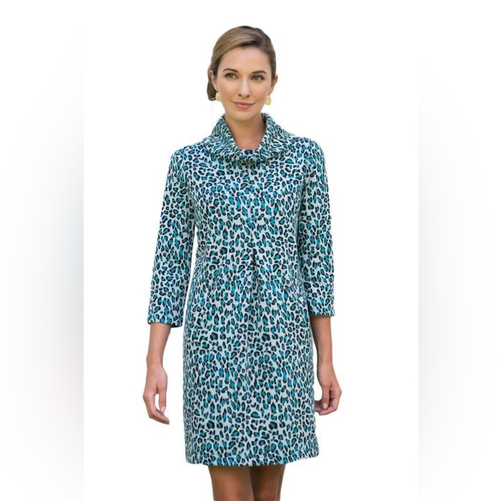 TYLER BOE Leopard Print Knit Cowl Neck Turtleneck Mini Midi Shift Sweater Dress - Picture 16 of 16